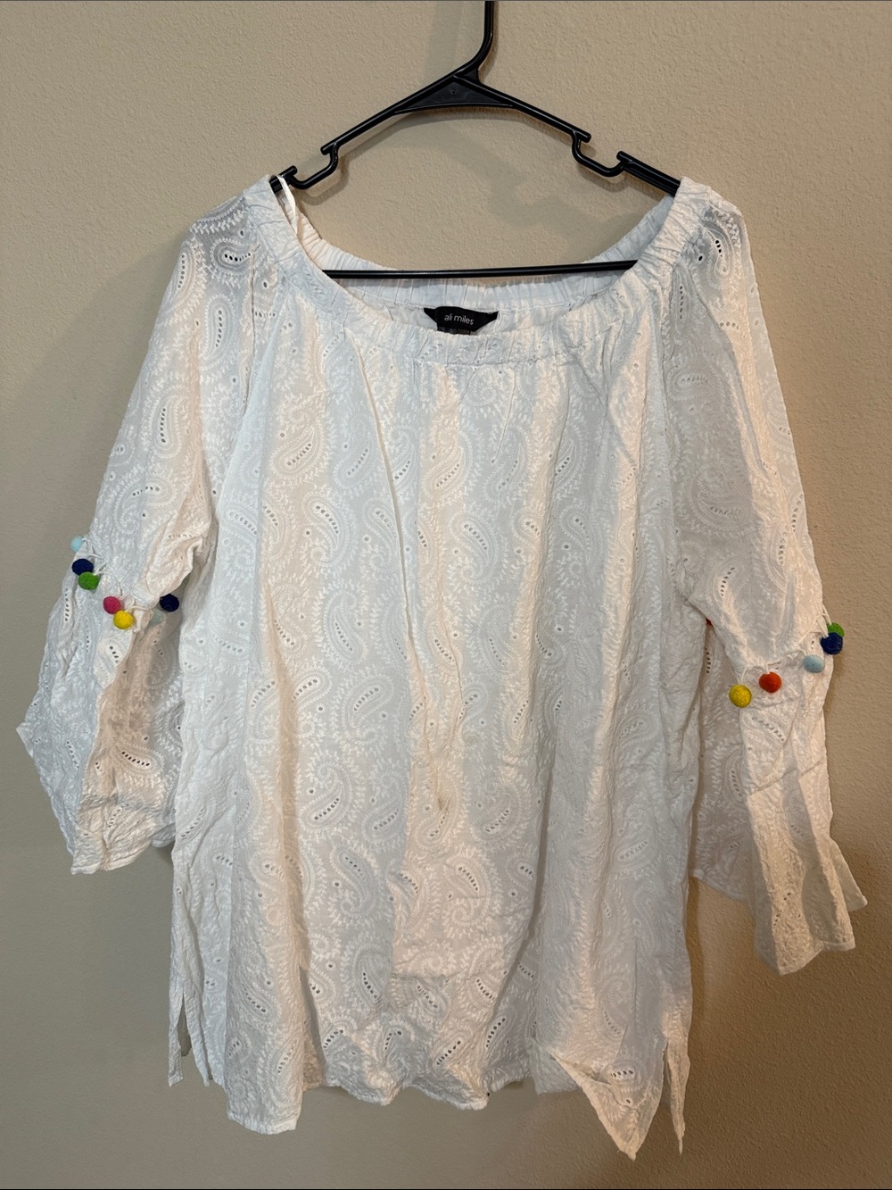 Ali Miles White Eyelet Peasant Top with Colorful Pom-Poms